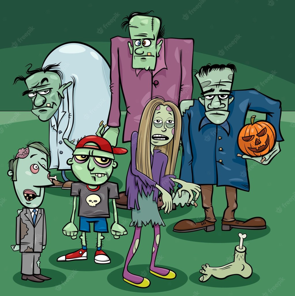 Picture of: Cartoon-zombies-charaktere gruppieren sich zur halloween-zeit