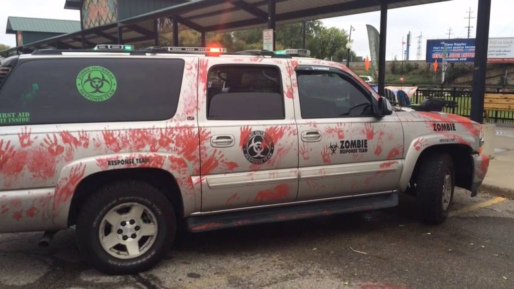 Picture of: Skull Basher shows off his Zombie Outbreak Response team vehicle